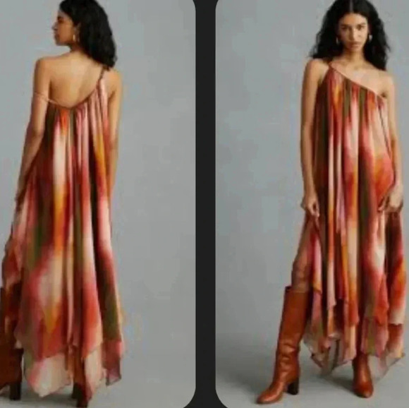 Misa Los Angeles Anthropologie Dress Maxi Shanti One Shoulder Ombre Boho Chiffon